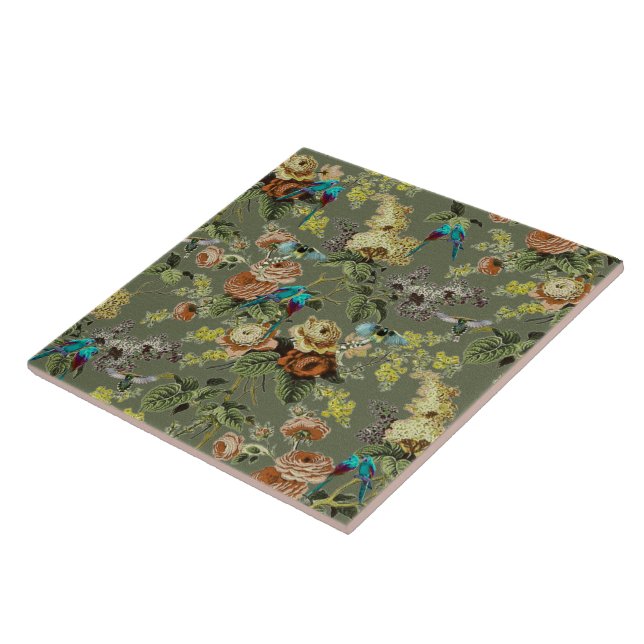 Beautiful exotic bird, Swamp Green background Ceramic Tile (Side)