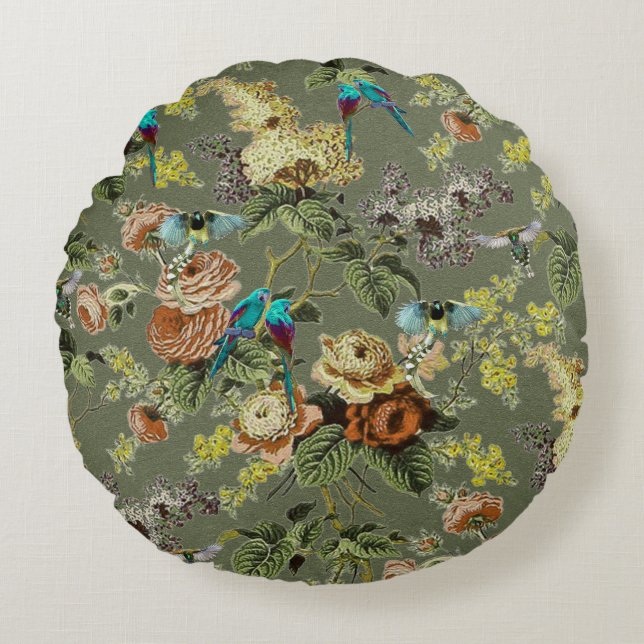 Beautiful exotic bird, Swamp Green background     Round Cushion (Front)