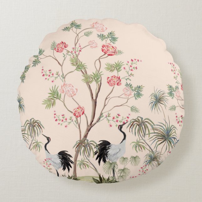 Beautiful exotic chinoiserie wallpaper. Hand drawn Round Cushion (Front)