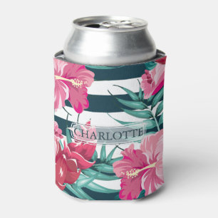 Beautiful Exotic Pink Flowers Monogram striped Can Cooler