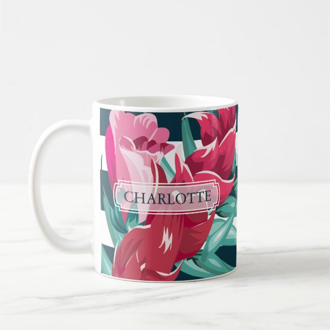 Beautiful Exotic striped Flowers Monogram Coffee Mug (Left)