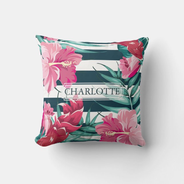 Beautiful Exotic striped Flowers Monogram Cushion (Front)