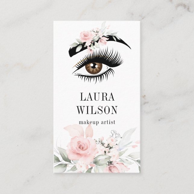 Beautiful Eye with Blush Pink Watercolor Flowers Business Card (Front)