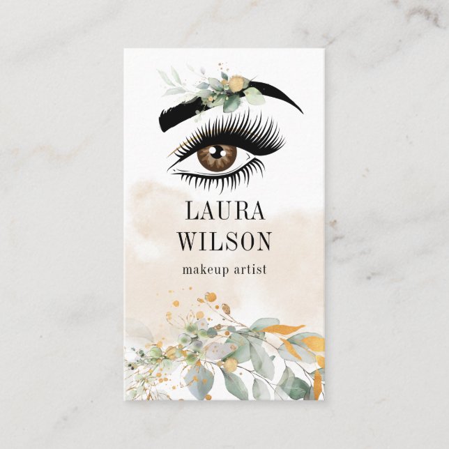 Beautiful Eye with Greenery Watercolor Flowers Business Card (Front)