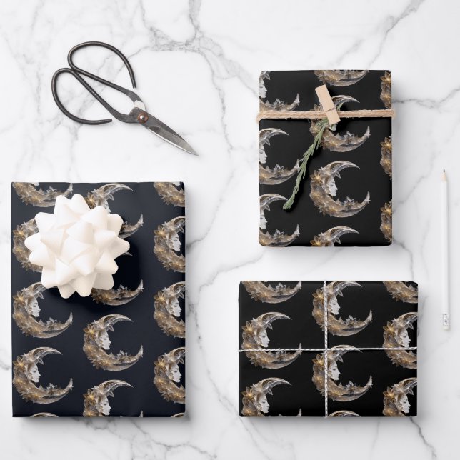 Beautiful Face in the Moon Pattern Wrapping Paper Sheet (Front)