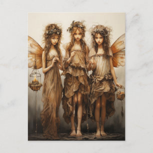 Beautiful Fairies Brown Dresses Glowing Candles   Postcard