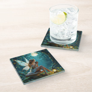 Beautiful Fairy Drinking Coffee Enchanted Forest Glass Coaster
