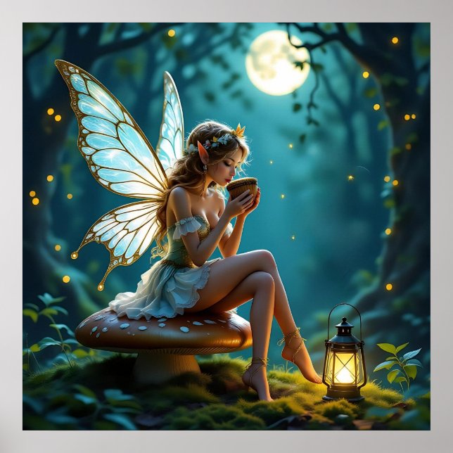 Beautiful Fairy Drinking Coffee Enchanted Forest Poster (Front)