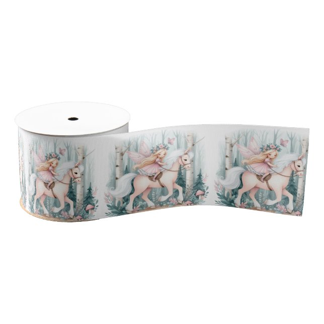 Beautiful fairy girl riding in an enchanted forest grosgrain ribbon (Spool)