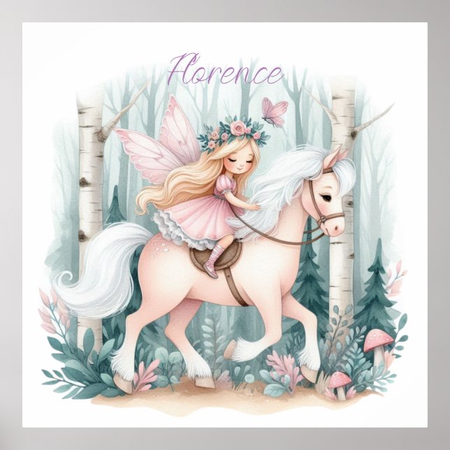 Beautiful fairy girl riding in an enchanted forest poster (Front)
