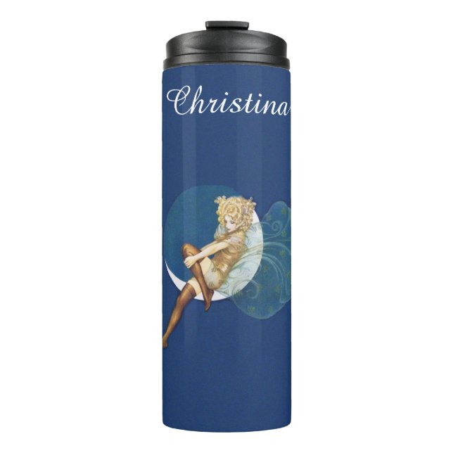 Beautiful Fairy Sitting on Moon Silk Stocking Blue Thermal Tumbler (Front)