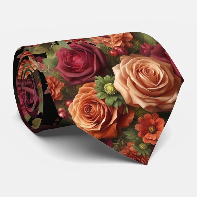 Beautiful Fall Rose Floral Grooms Wedding Tie (Rolled)