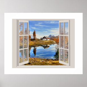 Beautiful Fall Scene viewed through an open window Poster