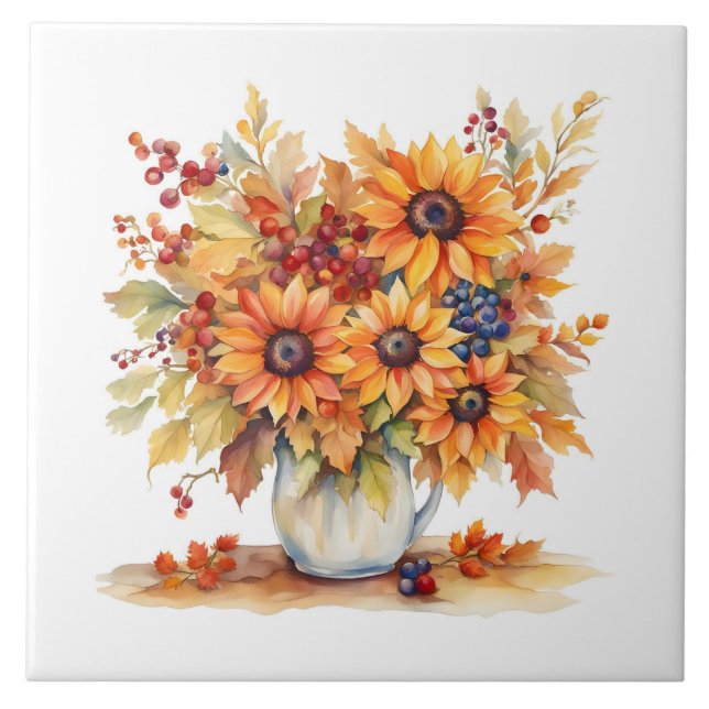 Beautiful Fall Sunflowers and Berries Bouquet  Ceramic Tile (Front)