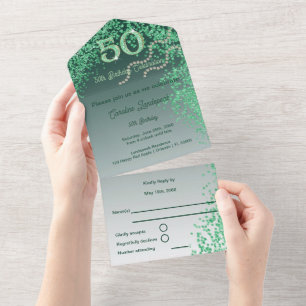 Beautiful Falling Green Glitter 50th Birthday All In One Invitation