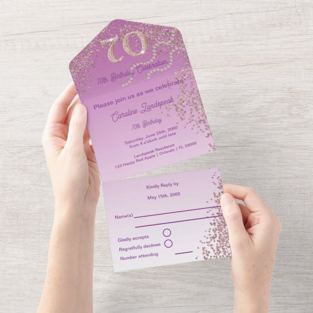 Beautiful Falling Rose Gold Glitter 70th Birthday All In One Invitation (Tearaway)