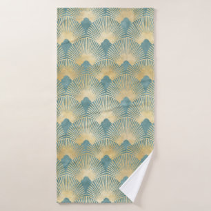 Beautiful fan pattern,teal gold,Art Deco pattern,c Bath Towel