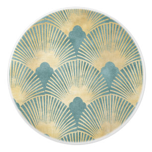 Beautiful fan pattern,teal gold,Art Deco pattern,c Ceramic Knob