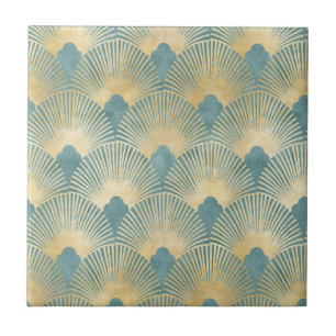 Beautiful fan pattern,teal gold,Art Deco pattern,c Ceramic Tile