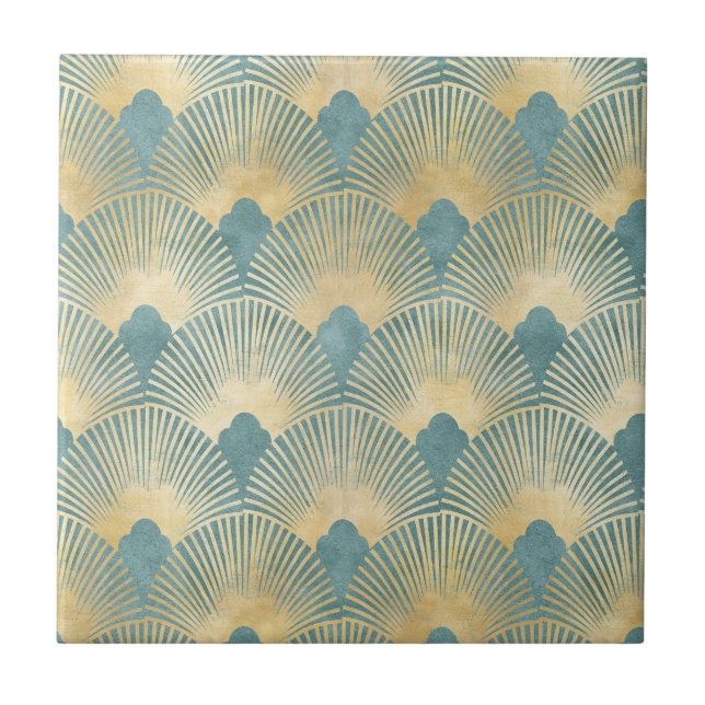 Beautiful fan pattern,teal gold,Art Deco pattern,c Ceramic Tile (Front)