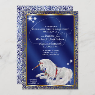 Beautiful Fantasy Christmas Unicorn Joy Blue Invitation