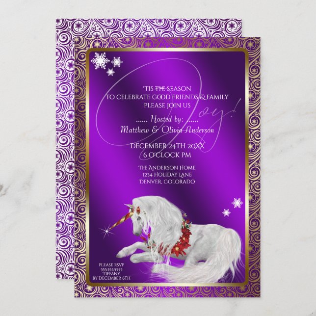 Beautiful Fantasy Christmas Unicorn Joy Purple Invitation (Front/Back)