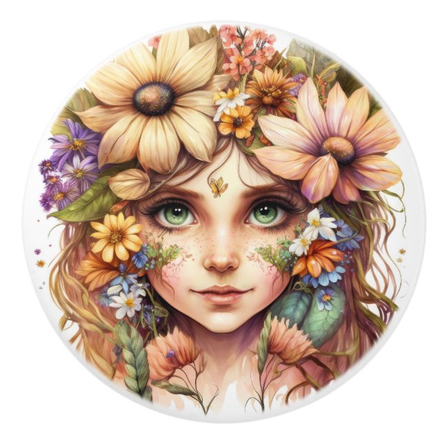 Beautiful Fantasy Floral Fairies Series  Ceramic Knob (Front)