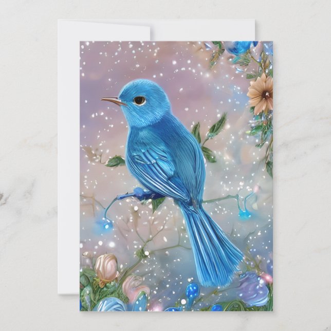 Beautiful Fantasy Little Blue Bird Holiday Card (Front)