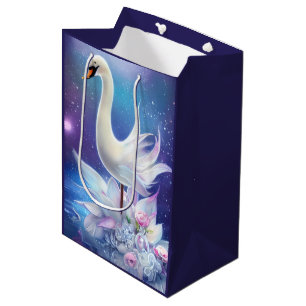 Beautiful Fantasy White Swan with Flowers Medium Gift Bag