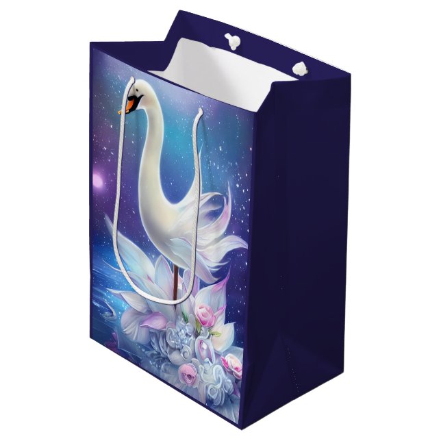 Beautiful Fantasy White Swan with Flowers Medium Gift Bag (Front Angled)