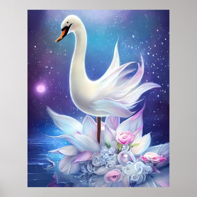 Beautiful Fantasy White Swan with Flowers Poster (Front)