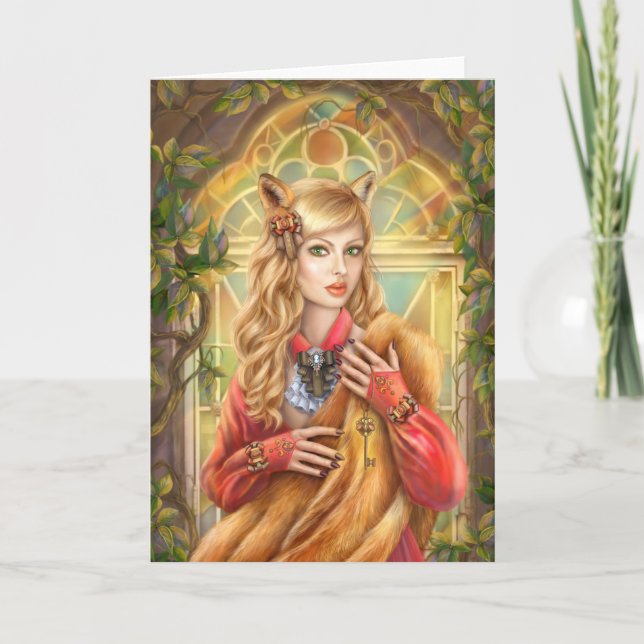 Beautiful fantasy woman fox greeting card (Front)
