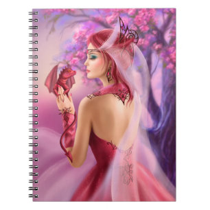 Beautiful fantasy woman queen and red dragon notebook