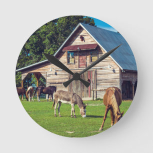 Beautiful Farm Scene with Horses and Barn Round Clock
