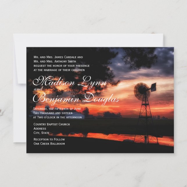 Beautiful Farm Windmill Sunset Wedding Invitations (Front)