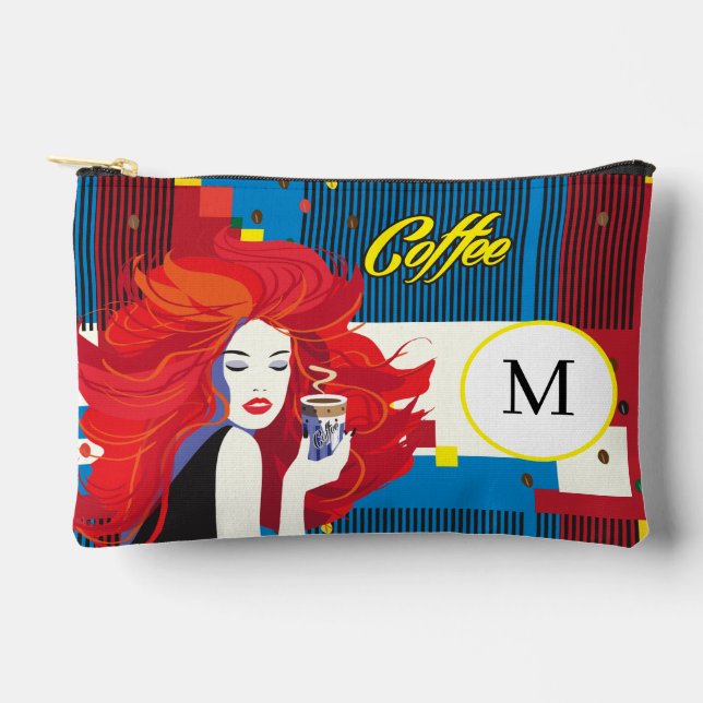 "Beautiful Fashion Woman with Coffee Cup" Monogram Accessory Pouch (Front)