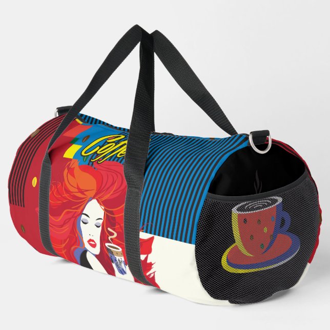 "Beautiful Fashion Woman with Coffee Cup" Pop Art Duffle Bag (Right Corner)