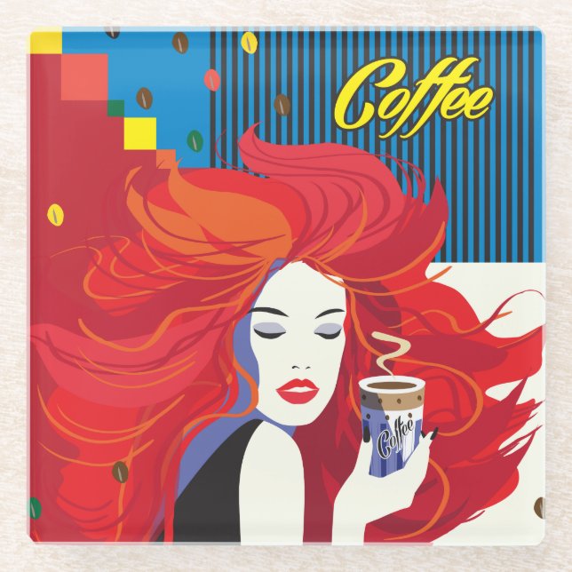 "Beautiful Fashion Woman with Coffee Cup" Pop Art Glass Coaster (Front)