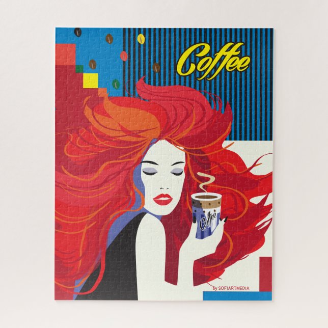 "Beautiful Fashion Woman with Coffee Cup" Pop Art Jigsaw Puzzle (Vertical)