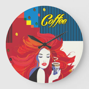 "Beautiful Fashion Woman with Coffee Cup" Pop Art Large Clock