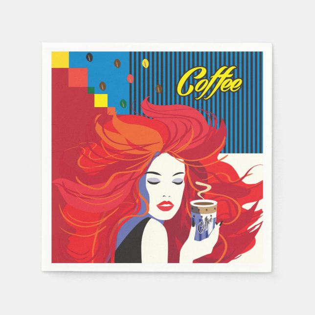 "Beautiful Fashion Woman with Coffee Cup" Pop Art Napkin (Front)