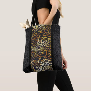 Beautiful Faux Black Leather & Leopard Print Tote Bag