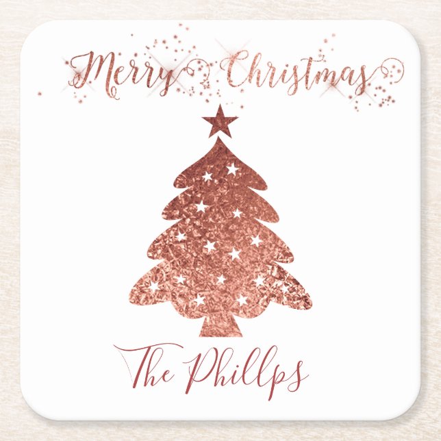Beautiful faux foil Merry Christmas Square Paper Coaster (Front)