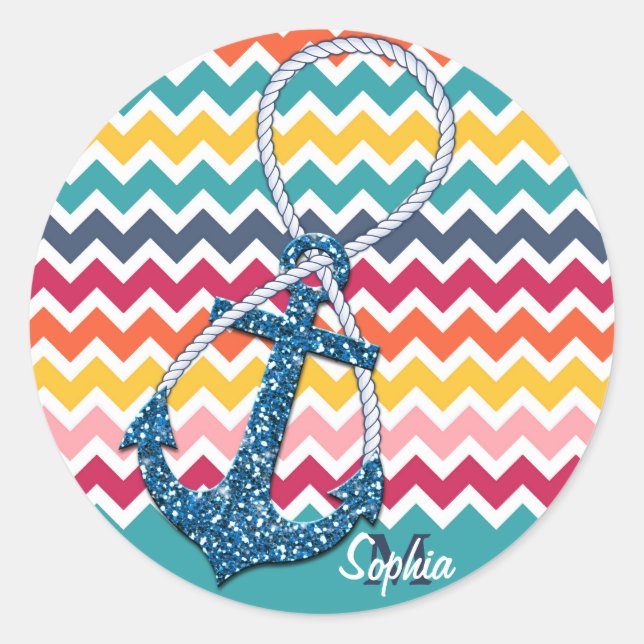 Beautiful faux glitter nautical anchor infinity classic round sticker (Front)