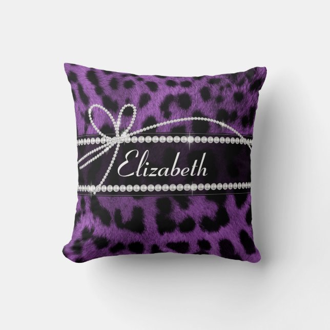 Beautiful faux purple black leopard animal print cushion (Front)