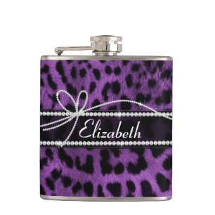 Beautiful faux purple black leopard animal print hip flask