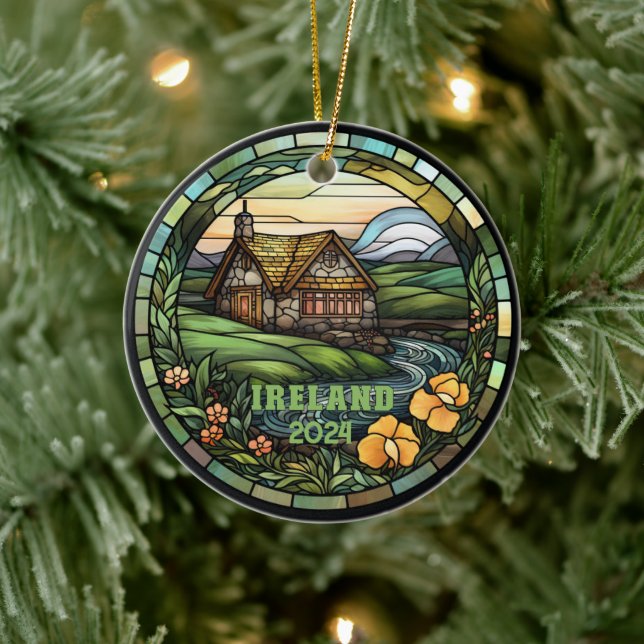 Beautiful Faux Stained Glass Ireland Souvenir Ceramic Ornament (Tree)