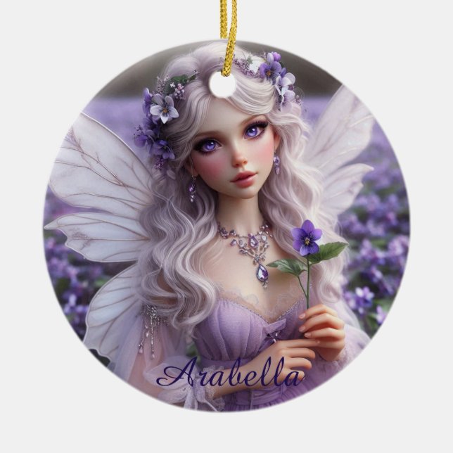 Beautiful February Fairy in Violets Ceramic Ornament (Front)