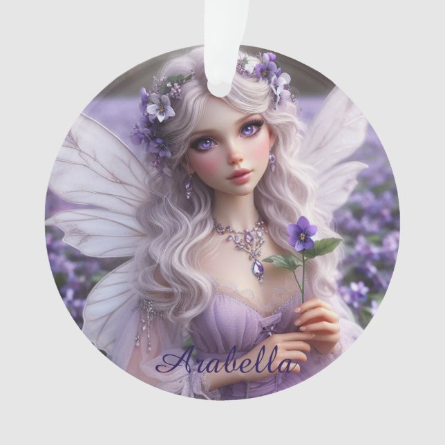 Beautiful February Fairy in Violets Ornament (Front)