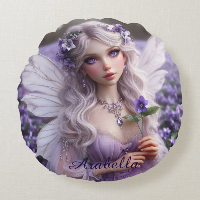 Beautiful February Fairy in Violets Round Cushion (Front)